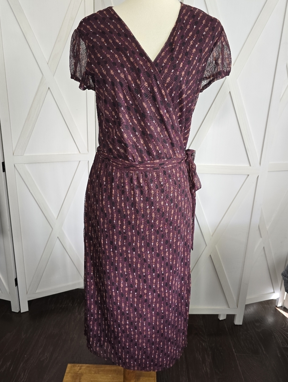 Alfani (NWT) Wrap Front Short Sleeve with Tie Waist - Deep Plum Midi Dress.